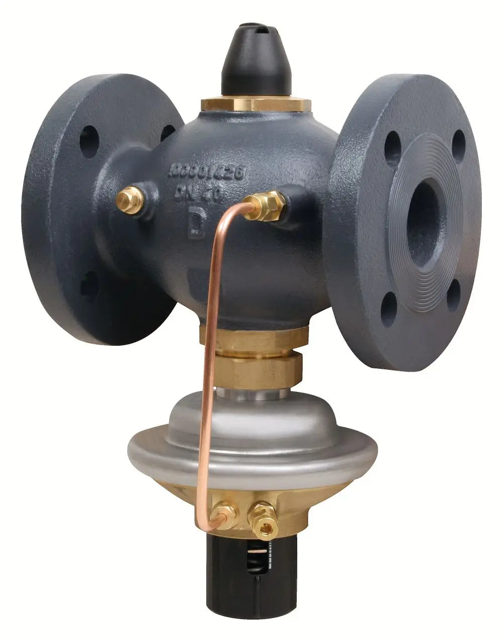 Danfoss-Druckregelventil mit zwei Flanschen und Bauform zur Druck- und Volumenstromregelung in Rohrleitungssystemen.