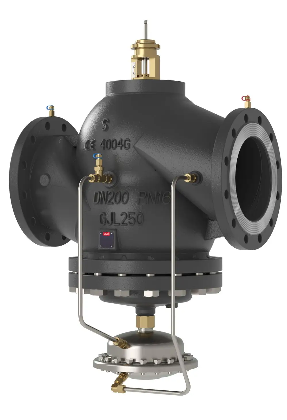 Automatisches Kombiventil von Danfoss, mit Flanschen und mehreren Anschlussmöglichkeiten. Sichtbare Druck- und Temperaturanschlüsse, kompakte Bauform.