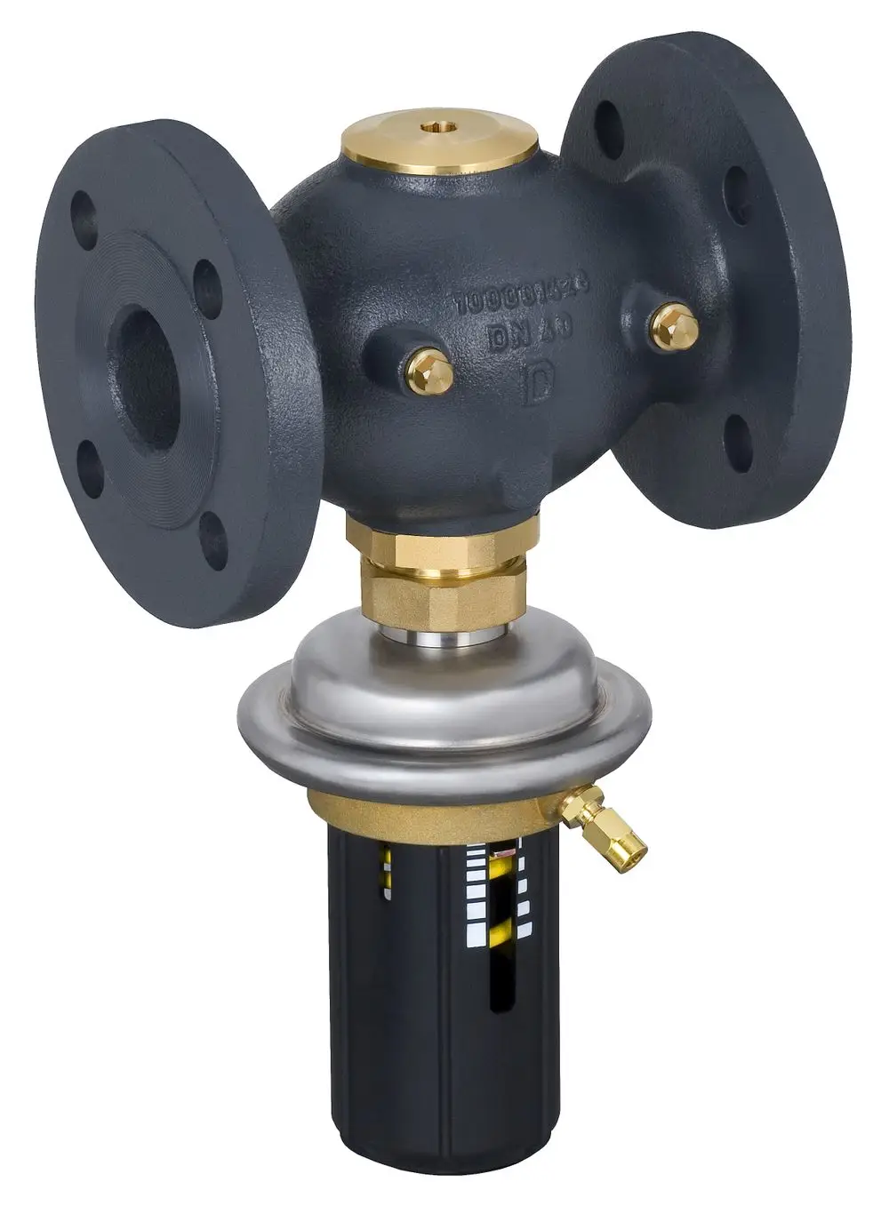 Differenzdruckregler von Danfoss mit Flanschanschlüssen, geeignet für verschiedene Anwendungen, abgebildet in schwarzem und silbernem Material.
