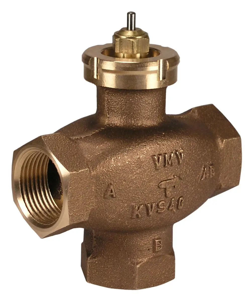 Bronze 3-Wege-Mischventil von Danfoss mit Gewindeanschlüssen. Das Ventil hat ein kompaktes Design und dient zur Regelung von Strömungsrichtungen in Heizungs- oder Kühlsystemen.