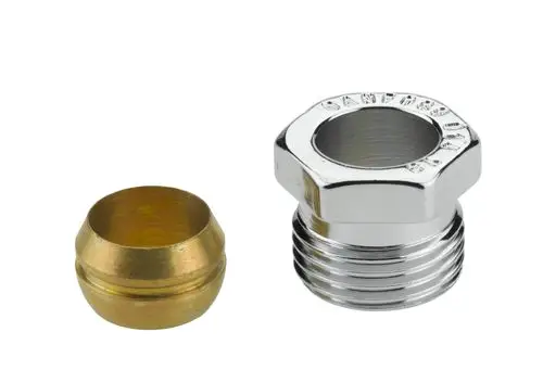 Klemmverbinder aus Metall mit Außengewinde und glatter Oberfläche. Ideal für die Verbindung von Rohren. Produkt von Danfoss, sichtbar sind ein gewindeaußen und eine kupferne Kappe.