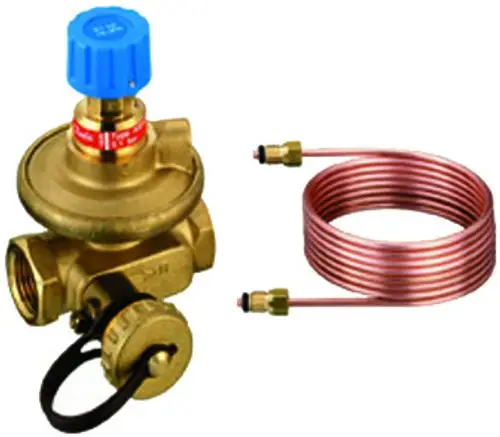 Danfoss Strangdifferenzdruckregler mit einem Anschluss und einer Kupferrohrwendel, geeignet zur Regelung des Drucks in Rohrsystemen.