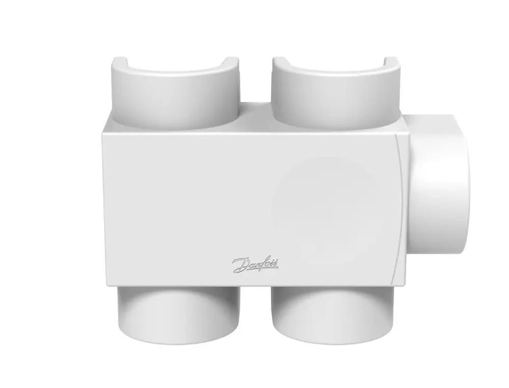 Weiße Kunststoffabdeckung mit zwei runden Aussparungen, hergestellt von Danfoss, zur Verwendung an Heizkörpern, mit seitlicher Anschlussöffnung.