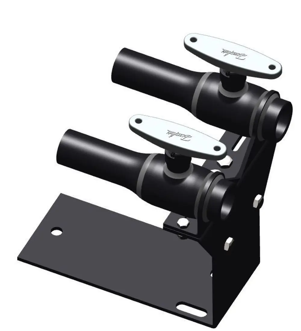 Zwei Kugelhähne mit verchromten Hebeln, montiert auf einer stabilen Metallplatine. Das Produkt zeigt eine Konstruktion, die für Anwendungen von Danfoss geeignet ist.