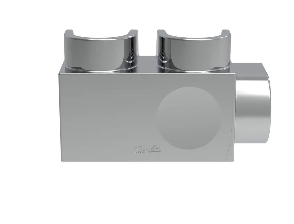 Kunststoffabdeckung in Chromfinishes von Danfoss für einen Heizkörper mit zwei Öffnungen, geeignet für Eckmontage.