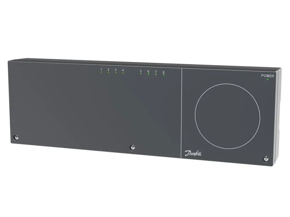 Schwarzer Danfoss-Regler mit acht Statusanzeigen und einem großen Bedienelement auf der rechten Seite, passend für die Steuerung von Thermostaten.