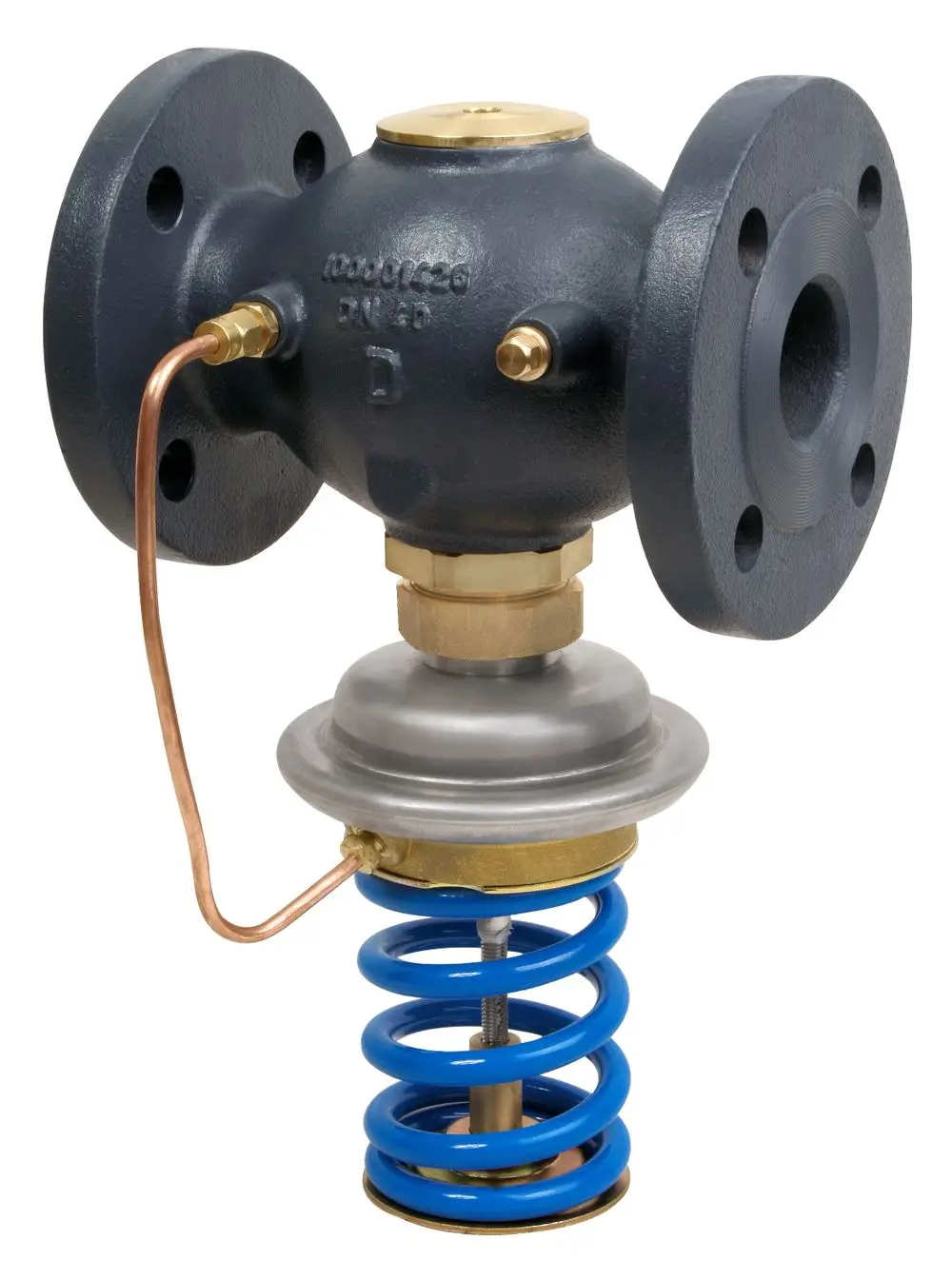 Überströmregler von Danfoss mit Flanschen, Kupferrohr und blauer Feder. Geeignet für Druckbereiche zwischen 1 und 4,5 bar. Kompakte Bauweise für verschiedene Anwendungen.