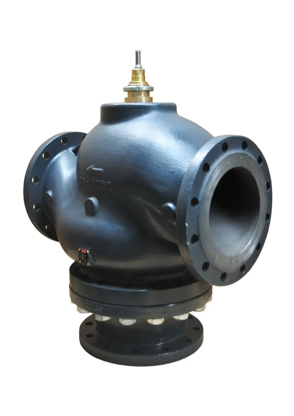 Danfoss 3-Wege-Mischventil in schwarzer Ausführung mit mehreren Flanschanschlüssen für industrielle Anwendungen. Sichtbar sind der Anschluss und die Regelmechanik.
