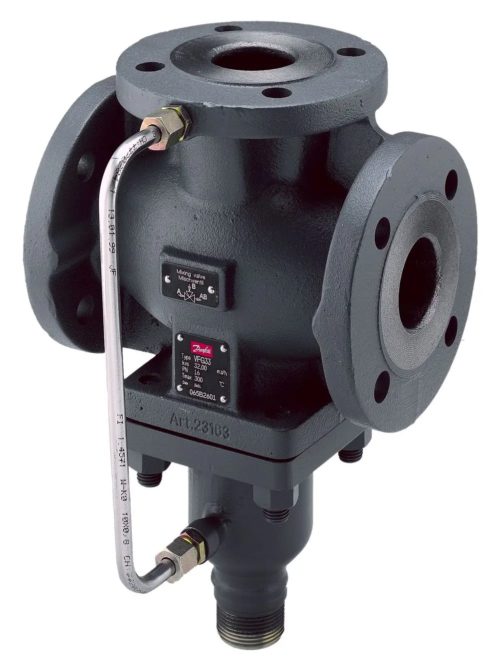 Danfoss 3-Wege-Mischventil, Gussbauweise, mit mehreren Anschlussmöglichkeiten und einem Druckentlastungsventil. Identifizierbare technische Informationen sind auf dem Ventil sichtbar.