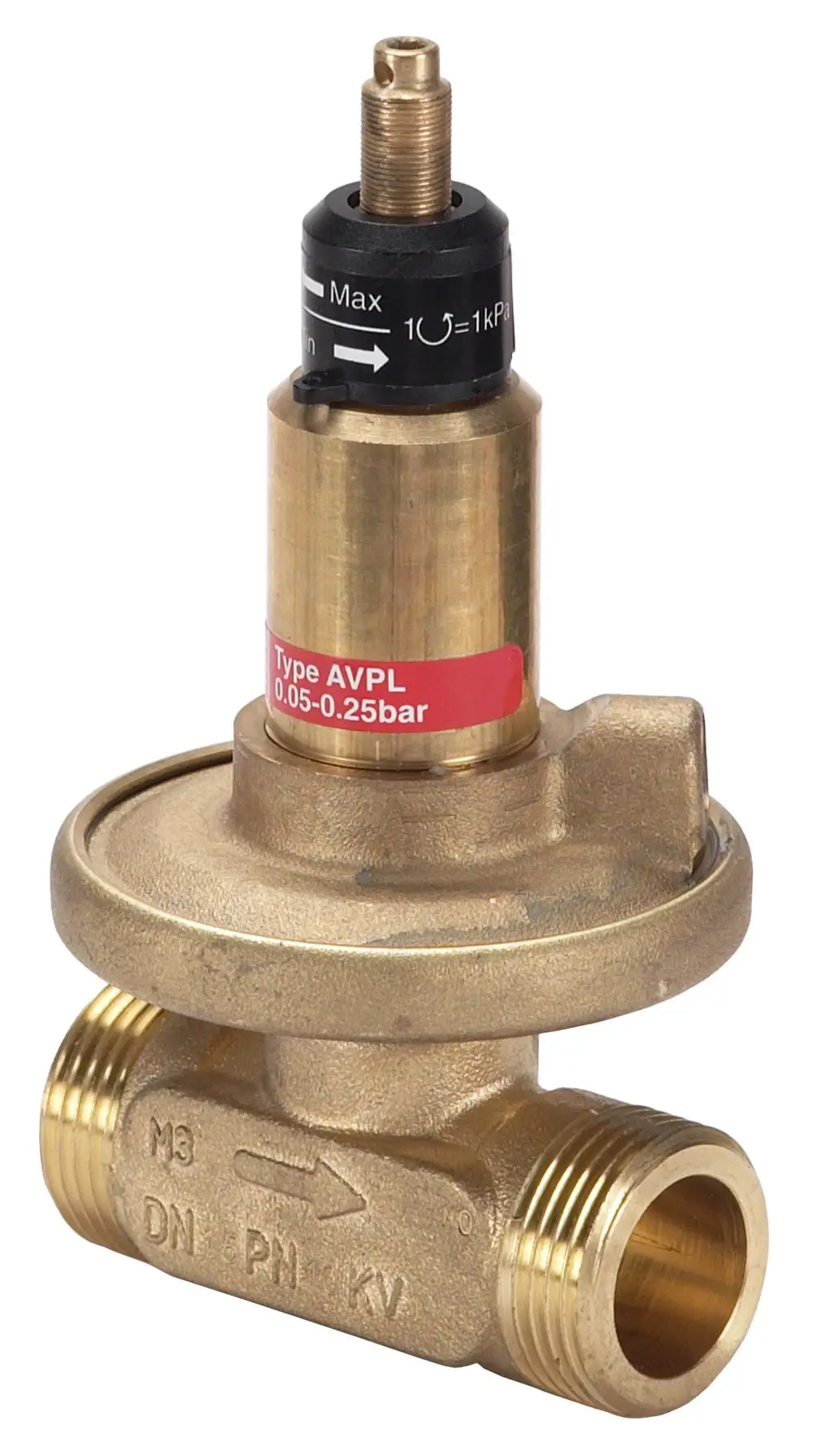 Danfoss Differenzdruckregler mit metallischer Bauweise, Anschlussgewinde und Markierungen für Durchflussrichtung und Druckbereiche, zur Regulierung von Systemdrücken.