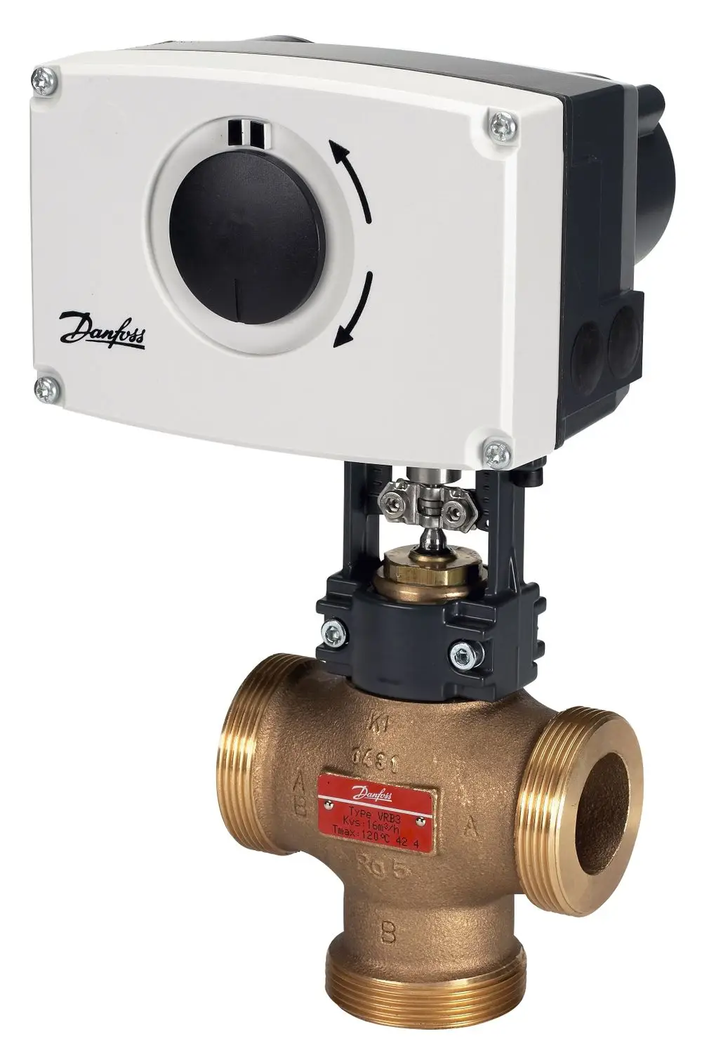 Elektrischer Stellantrieb von Danfoss, montiert auf einem Kugelhahn mit kupferfarbenem Gehäuse und mehreren Anschlüssen, geeignet für Heizungs- und Kühlsysteme.