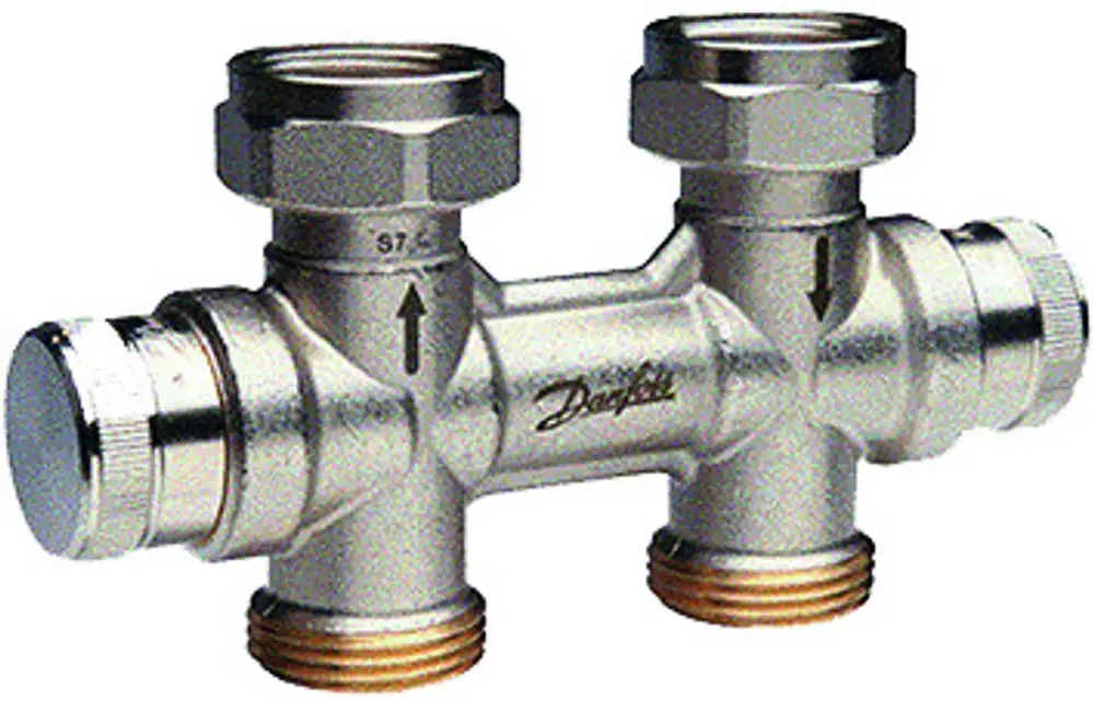 Danfoss Hahnblock mit zwei Anschlüssen, ausgestattet mit Gewinden und Pfeilsymbolen zur Anzeige der Durchflussrichtung, aus Metall gefertigt.