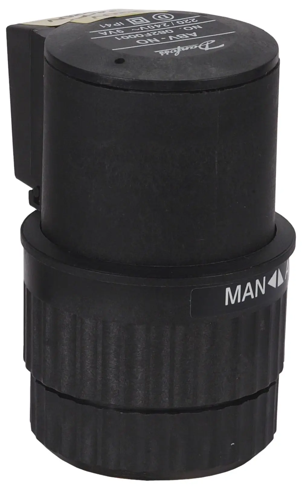 Schwarzer elektrischer Stellantrieb von Danfoss mit einer Tastenbeschriftung für die manuelle Bedienung. Sichtbare Anschlussklemmen auf der Rückseite.
