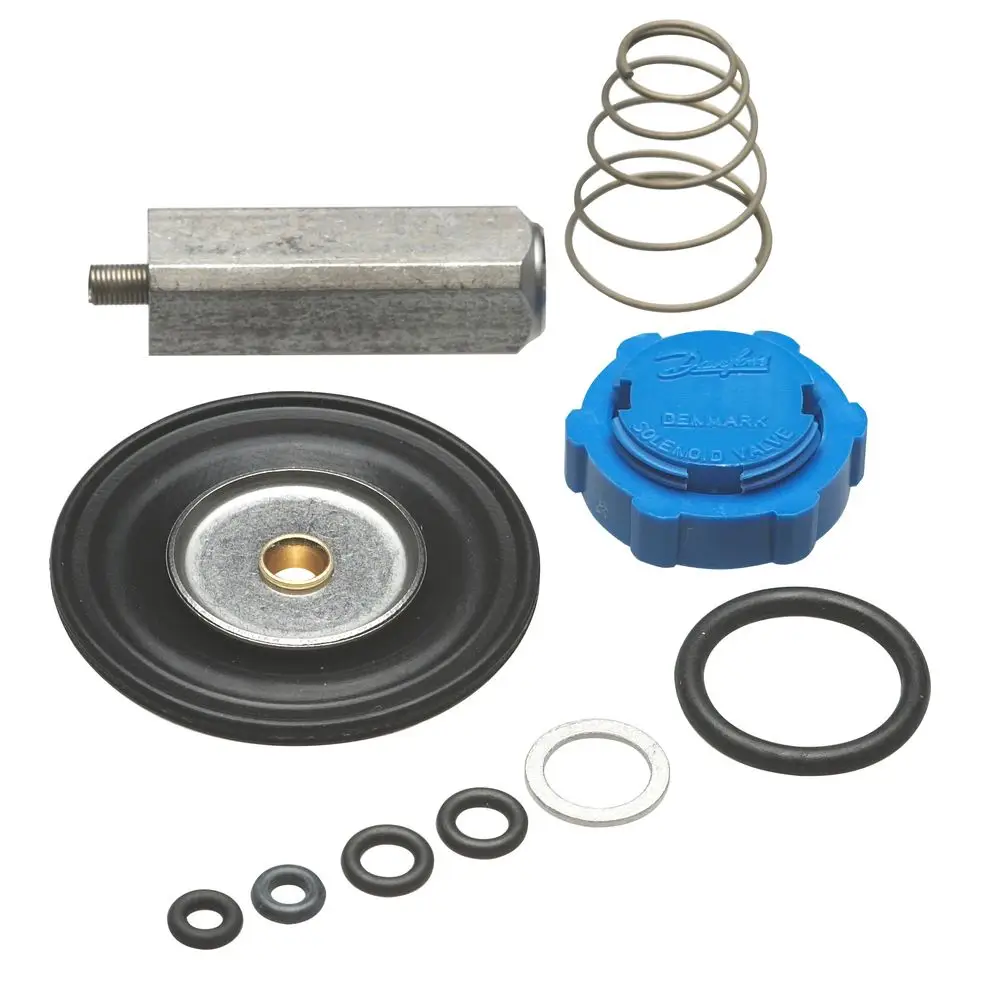 Ersatzteilset von Danfoss für Magnetventile, bestehend aus Dichtungen, Feder, Metallteilen und einem blauen Verschlussdeckel.