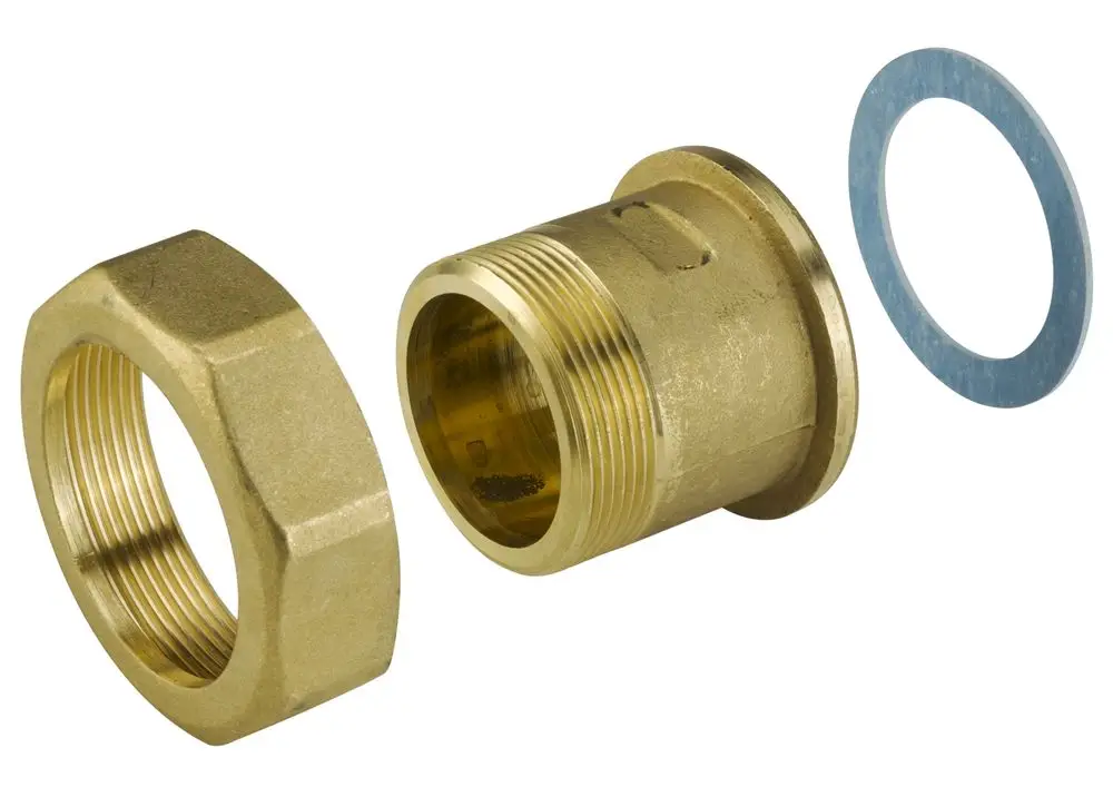 Drei metallene Teile, darunter ein Gewindenippel und eine Überwurfmutter, zusammen mit einer Dichtung, hergestellt von Danfoss.