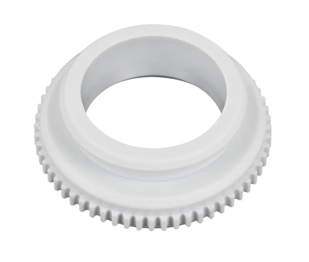 Weißer Ventilanschlussadapter mit Zahnrädern, geeignet für Gehäuseanschlüsse. Beispielprodukt von Danfoss.