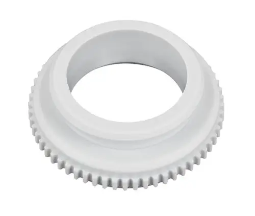 Weißer Ventilanschlussadapter mit Zahnrädern, geeignet für Gehäuseanschlüsse. Beispielprodukt von Danfoss.