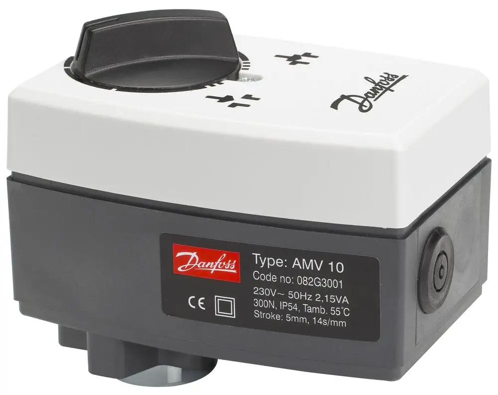 Danfoss Stellantrieb in kompakter Form, mit einer Einstellknopf-Oberfläche, angebracht auf einem grauen Gehäuse, für präzise Steuerung.