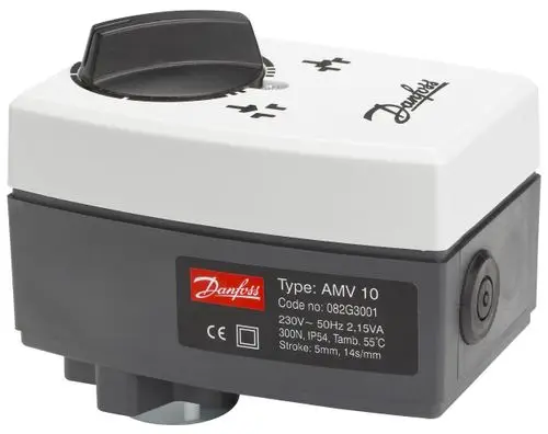 Danfoss Stellantrieb in kompakter Form, mit einer Einstellknopf-Oberfläche, angebracht auf einem grauen Gehäuse, für präzise Steuerung.