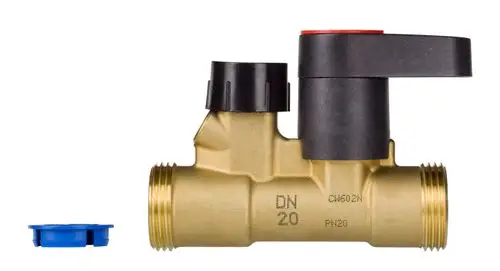 Absperr- und Entleerventil aus Messing mit schwarzem Hebel und blauer Kappe, hergestellt von Danfoss. Das Ventil hat einen Anschluss mit Gewinde.