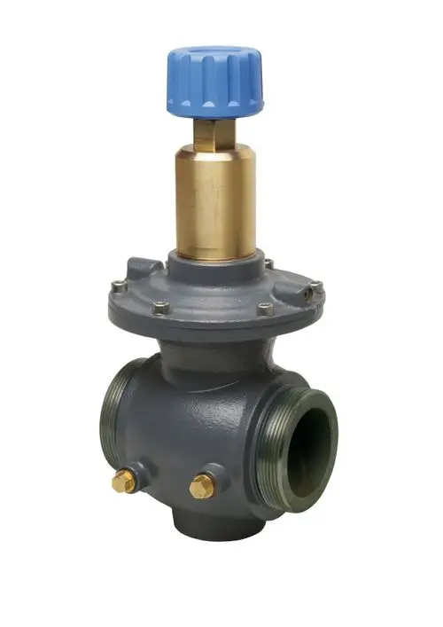 Danfoss Strangdifferenzdruckregler mit einem blauen Handrad zur Druckeinstellung, Anschlussgewinde für Rohrleitungen im unteren Bereich.