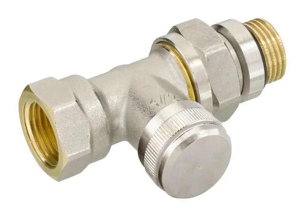 Rücklaufverschraubung aus vernickeltem Metall mit Gewinden für Anschluss, hergestellt von Danfoss. Zeigt eine konische Bauform und verschiedene Anschlussmöglichkeiten.