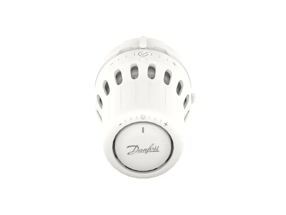 Weißer Thermostatkopf mit einer runden Steuerung und Skala, hergestellt von Danfoss, zur Temperaturregelung in Heizsystemen.