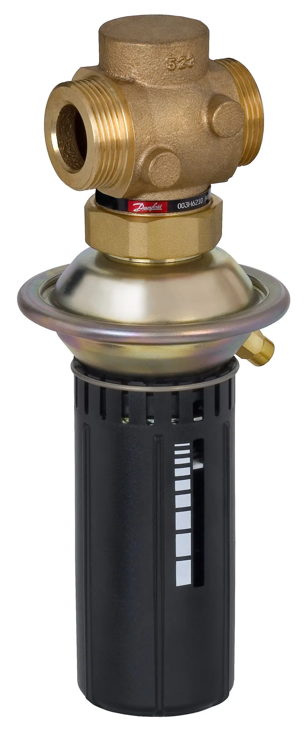 Differenzdruckregler mit einem metallischen oberen Teil und einem schwarzen unteren Gehäuse. Deutliche Markierung zur Druckanzeige. Hersteller: Danfoss.