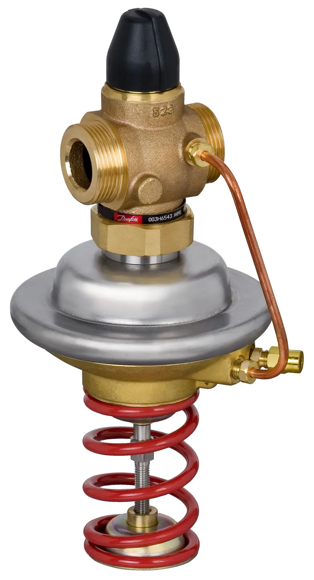 Danfoss-Regelventil mit metallischem Gehäuse, einem Druckregler und einem rot lackierten Federmechanismus. Anschlüsse für Rohrleitungen sind sichtbar.