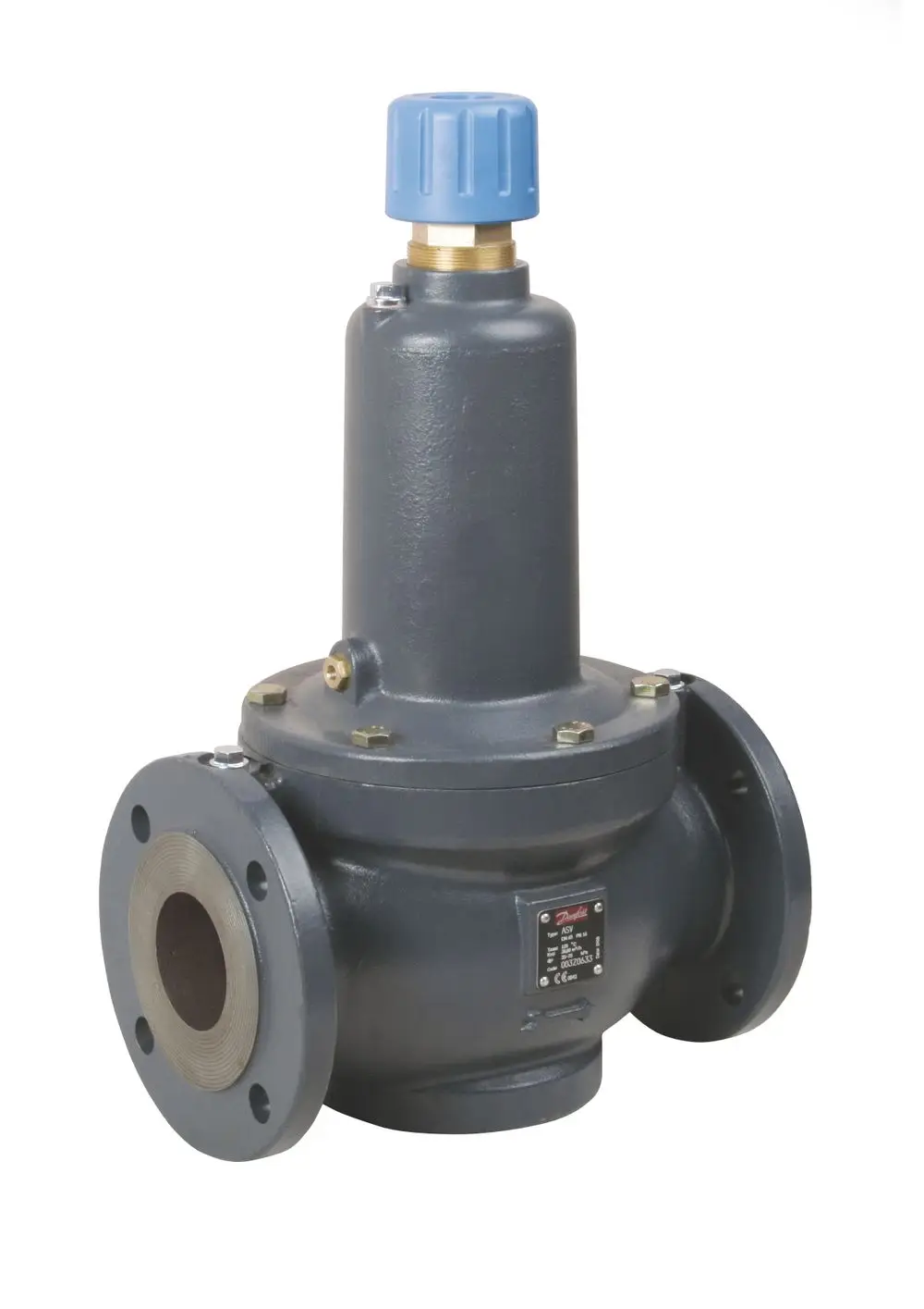 Danfoss Druckregler in grauer Farbe mit einem blauen Drehknopf auf der Oberseite und Flanschen zur Verbindung. Geeignet zur Regelung von Druck in Rohrsystemen.