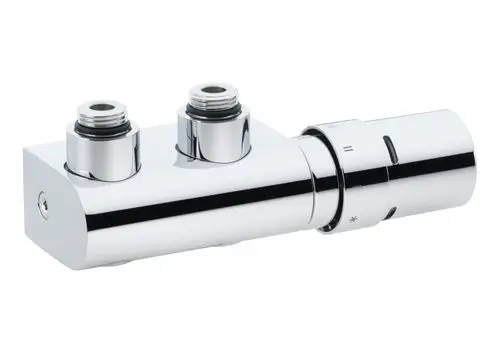 Danfoss Anschlussarmatur mit zwei Anschlüssen und einem Einstellrad, in verchromter Ausführung, geeignet für die Verwendung in Heizungs- oder Sanitärsystemen.