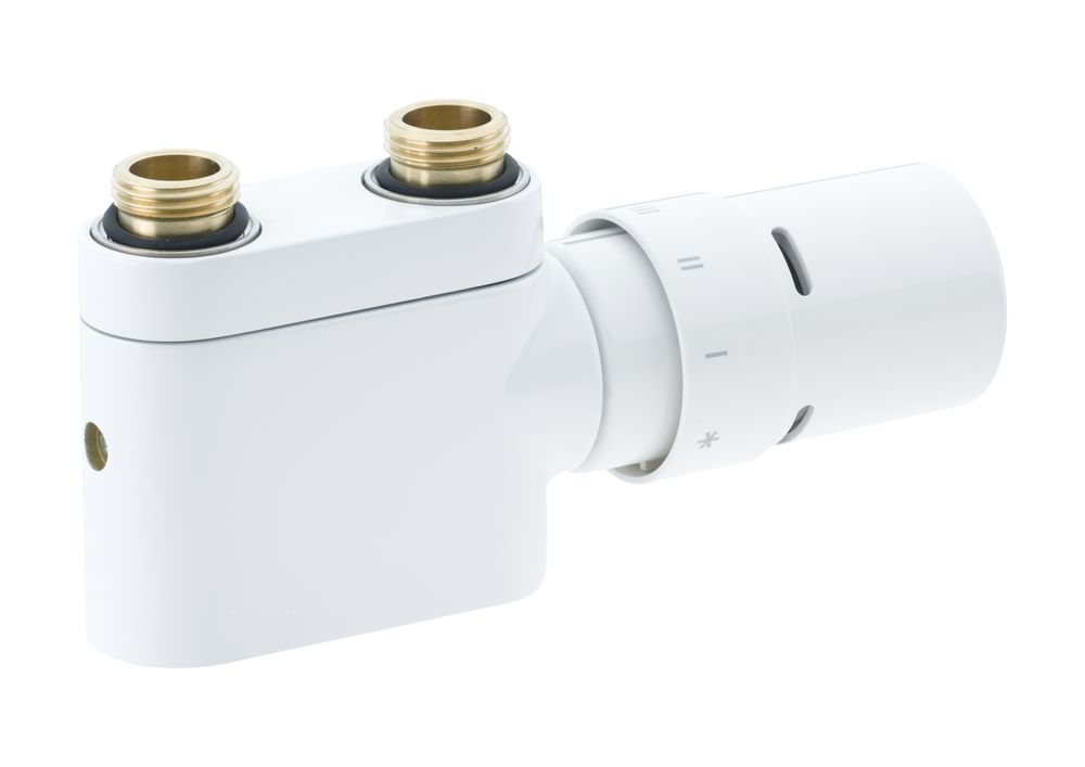 Anschlussarmatur in Verkehrsweiß mit zwei Anschlussmöglichkeiten. Produkt von Danfoss, geeignet für Heizungsinstallationen.