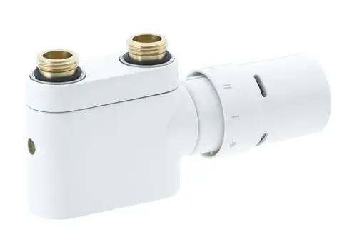 Anschlussarmatur in Verkehrsweiß mit zwei Anschlussmöglichkeiten. Produkt von Danfoss, geeignet für Heizungsinstallationen.