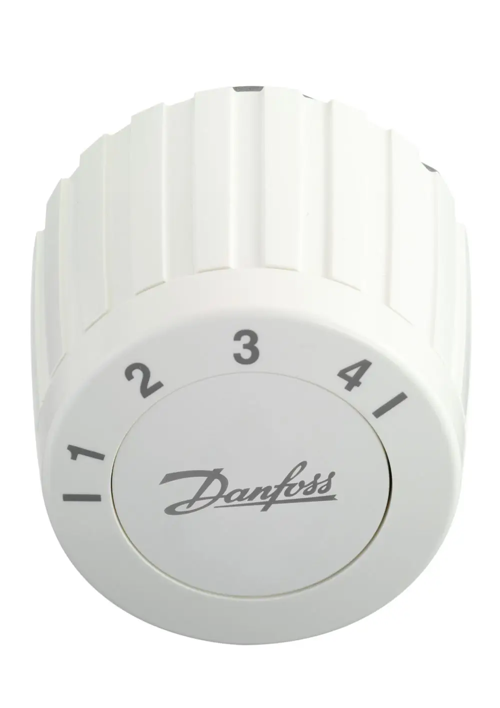 Weißer Regler mit Skala von 1 bis 4. Auf der Vorderseite ist das Logo der Marke Danfoss sichtbar. Der Regler hat eine gerillte Oberfläche zur einfachen Handhabung.
