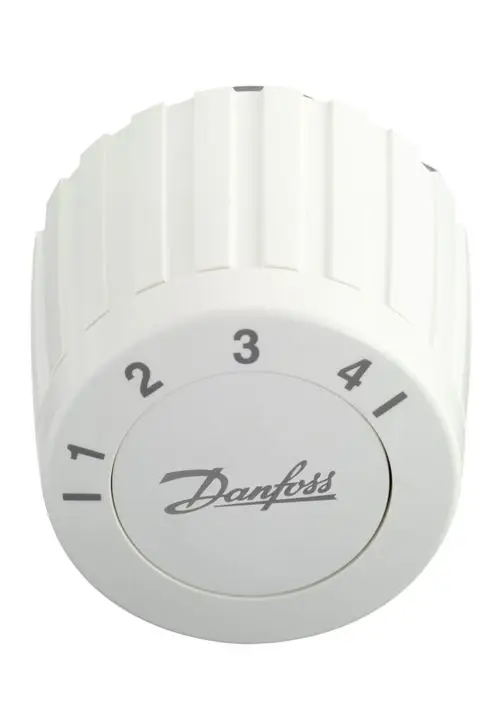 Weißer Regler mit Skala von 1 bis 4. Auf der Vorderseite ist das Logo der Marke Danfoss sichtbar. Der Regler hat eine gerillte Oberfläche zur einfachen Handhabung.