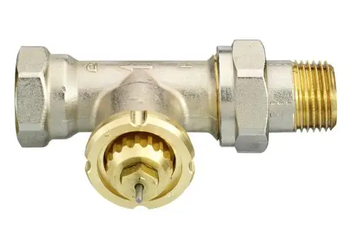 Rücklaufventil aus Metall mit Anschlussgewinde und verstellbarem Kopf, hergestellt von Danfoss. Zeigt die Funktion zur Begrenzung der Rücklauftemperatur in Heizungsanlagen.