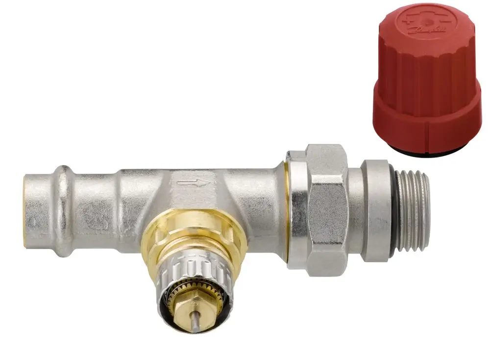 Danfoss Ventilgehäuse in metallischer Ausführung mit einem Anschluss für Pressfitting und einem roten Drehverschluss.
