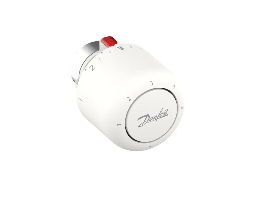 Thermostatkopf in Weiß mit Skala von 1 bis 5 und rotem Regler. Logo der Marke Danfoss auf der Vorderseite.