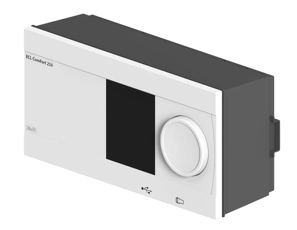 Elektronischer Regler von Danfoss, mit einem runden Drehregler und USB-Anschluss, montiert in einem kompakten Gehäuse. Design in Weiß und Schwarz.
