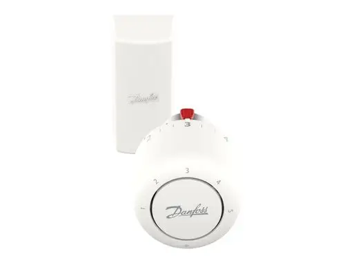 Weißer Thermostatkopf von Danfoss, rund mit Skala von 1 bis 5. Oben rotes Einstellrad. Hinter einem Serviceelement in gleicher Farbe.