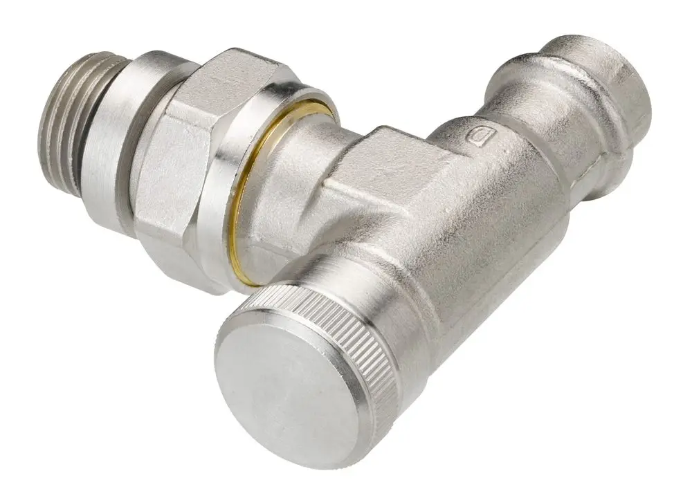 Rücklaufverschraubung aus vernickeltem Metall mit Pressfit-Anschluss. Rechtsgewinde, Eckform. Hersteller: Danfoss.