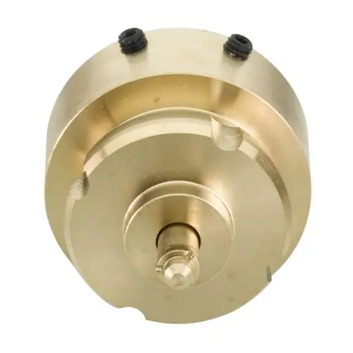 Goldfarbene Metallkomponente mit zentraler Ausnehmung und zwei Schraublöchern, möglicherweise Teil eines Danfoss Ventilsystems.