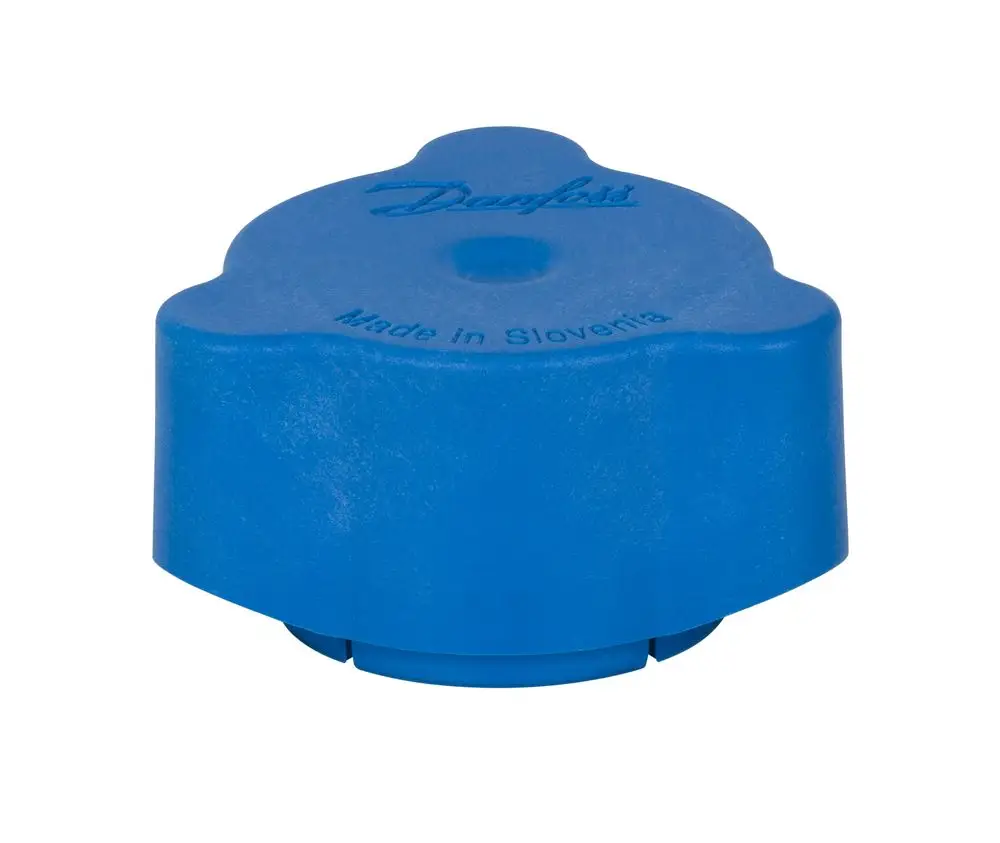 Blaues Handrad aus Kunststoff mit zylindrischer Form, bezeichnet mit "Danfoss" und "Made in Slovenia". Designed für spezifische Heizungsanwendungen.