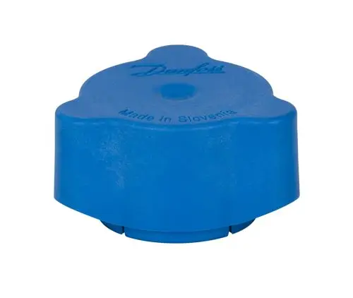 Blaues Handrad aus Kunststoff mit zylindrischer Form, bezeichnet mit "Danfoss" und "Made in Slovenia". Designed für spezifische Heizungsanwendungen.