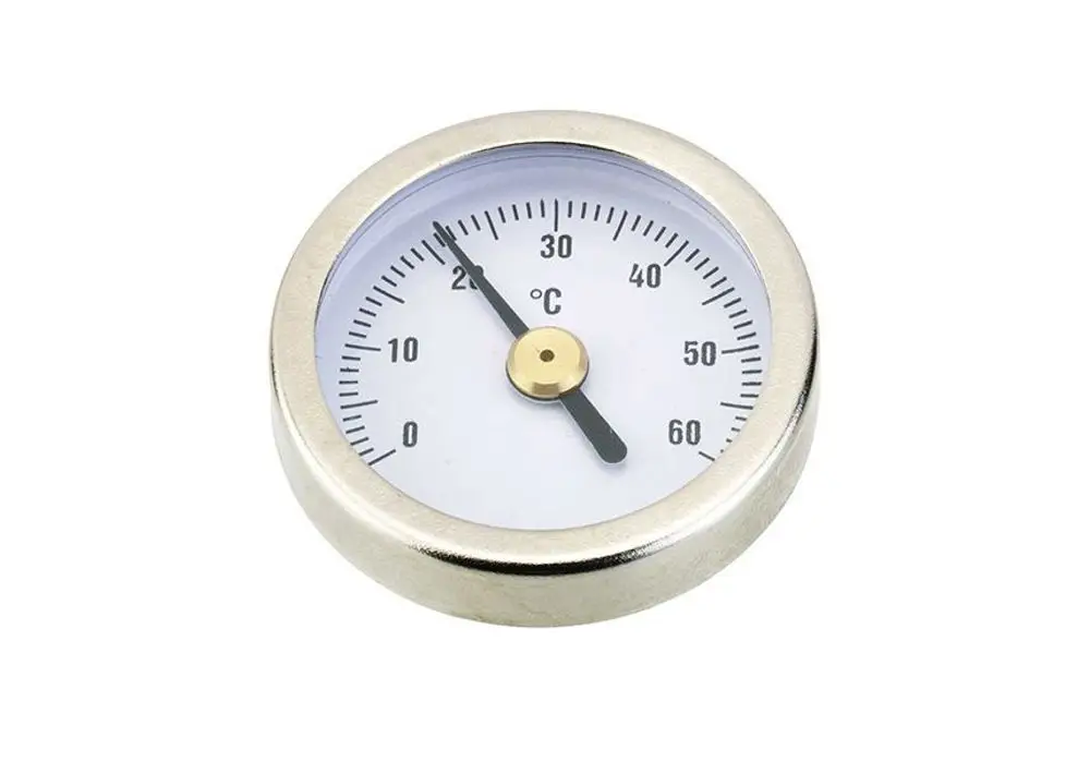 Thermometer von Danfoss, Anzeige im Bereich von 0 bis 60 °C, runde Skala mit Zeiger und klarer Ziffernmarkierung auf weißem Hintergrund.