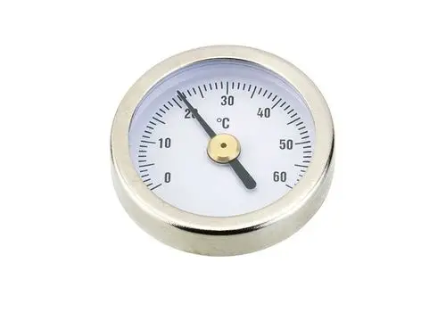 Thermometer von Danfoss, Anzeige im Bereich von 0 bis 60 °C, runde Skala mit Zeiger und klarer Ziffernmarkierung auf weißem Hintergrund.