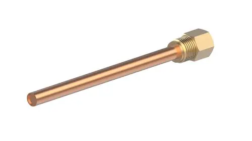 Messing-Tauchrohr mit einem langen, zylindrischen Kopf, geeignet für Danfoss AVTB-Anwendungen, mit Kupferoberfläche und Gewindeanschluss.
