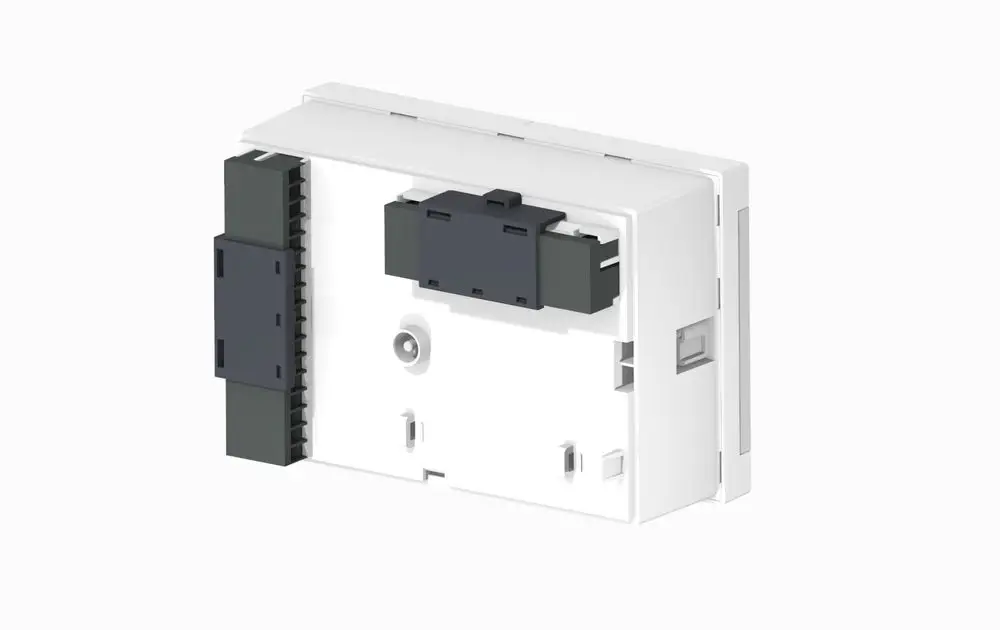 Einbausatz für Tafelmontage, der zu Danfoss ECL Comfort 296 gehört. Die Rückseite zeigt Anschlussmöglichkeiten und Montageschrauben für eine stabile Installation.