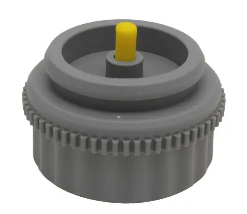 Grauer Adapter mit gelbem Griff, geeignet zur Ventilanpassung. Produkt von Danfoss, verwendet in Verbindung mit Schlössern bis 1993.