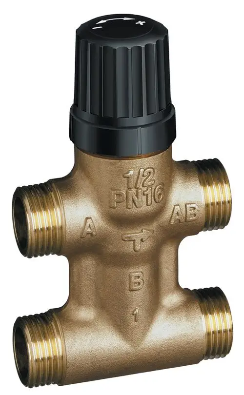 Danfoss 4-Wege-Ventil mit einem schwarzen Einstellknopf und mehreren Anschlussgewinden, geeignet für Heizungs- und Sanitäranwendungen.